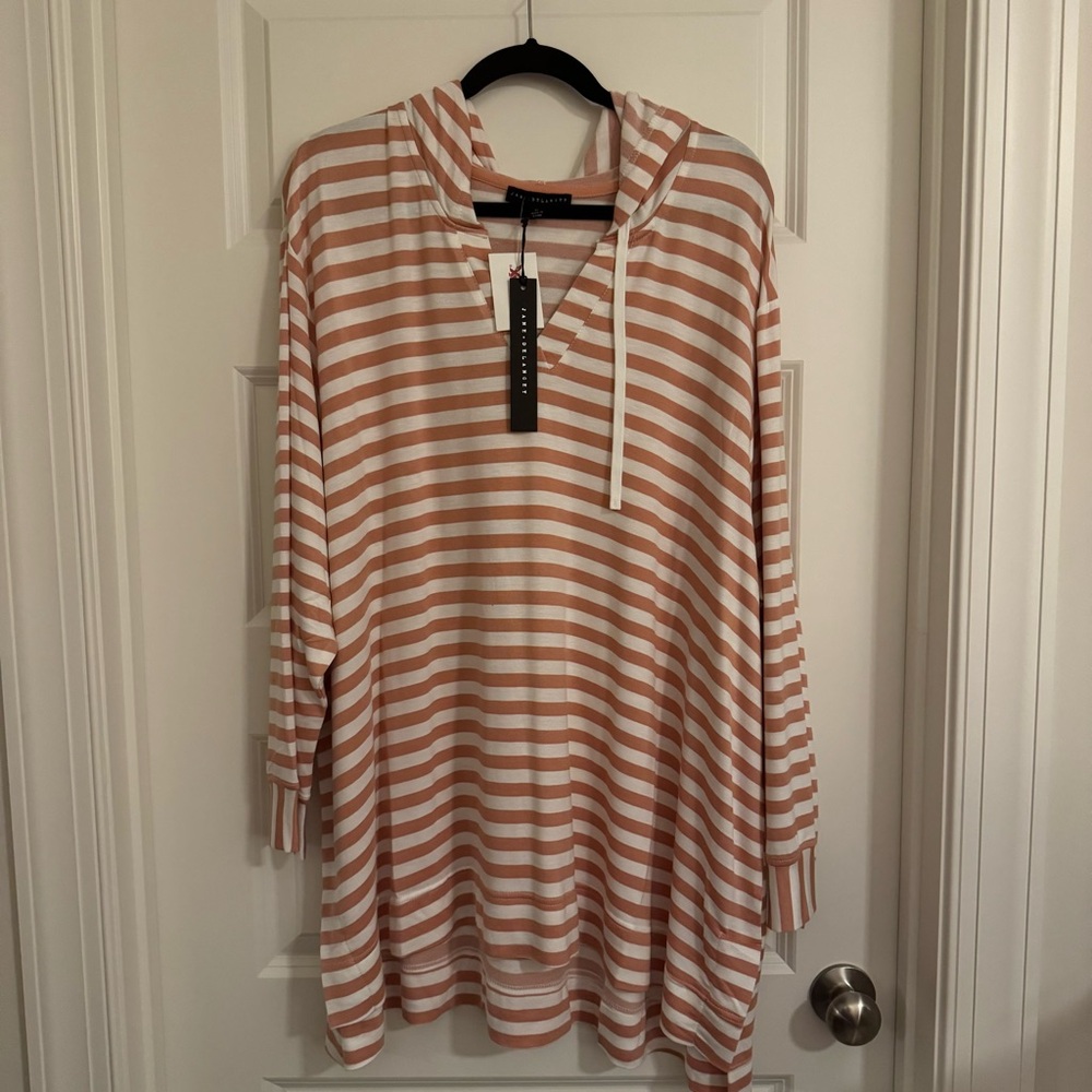 Striped Hooded Top in White and Pink